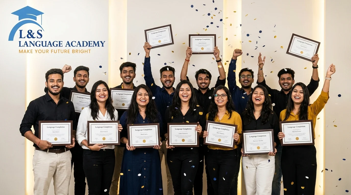 Successful LNS Language Academy students holding completion certificates Kolkata