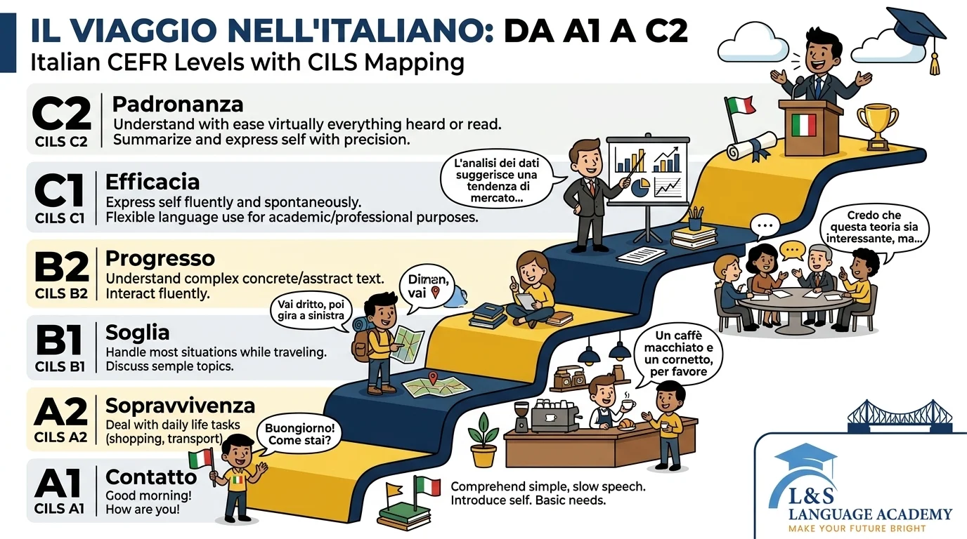 Italian CEFR levels A1 to C2 with CILS mapping
