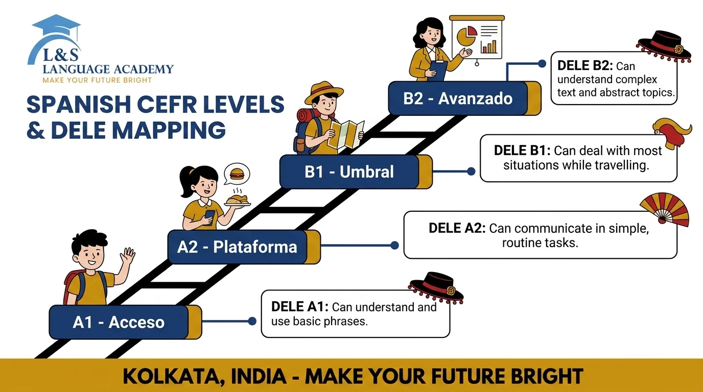 Spanish CEFR levels A1 to B2 with DELE mapping