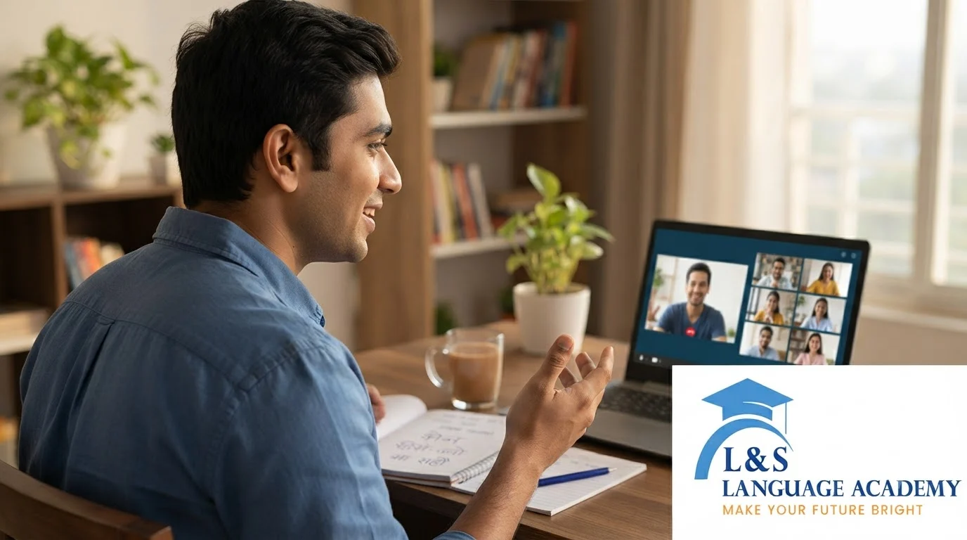 Student attending a live online spoken English class from home in Kolkata