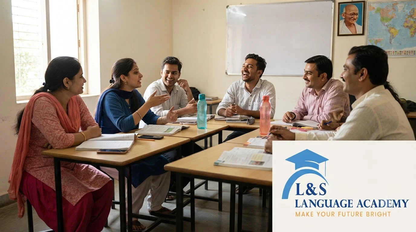 Students practising spoken English together in an offline classroom in Kolkata