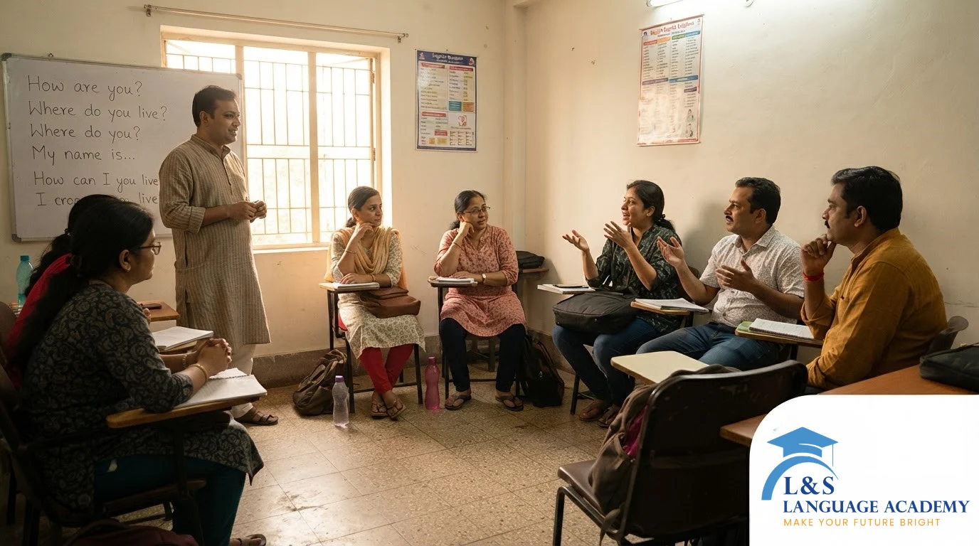 Students practising a spoken English course in Kolkata inside a classroom