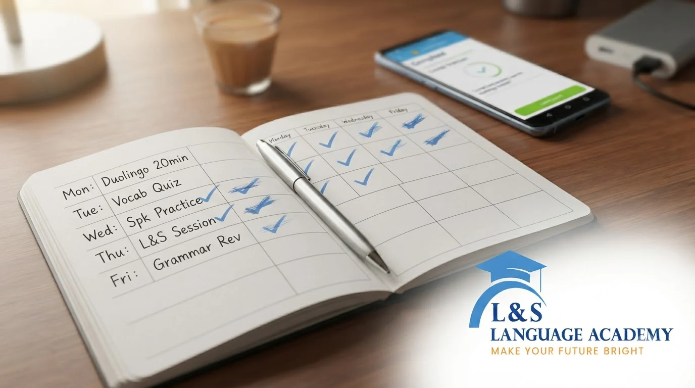 Consistent daily English speaking practice tracked over weeks