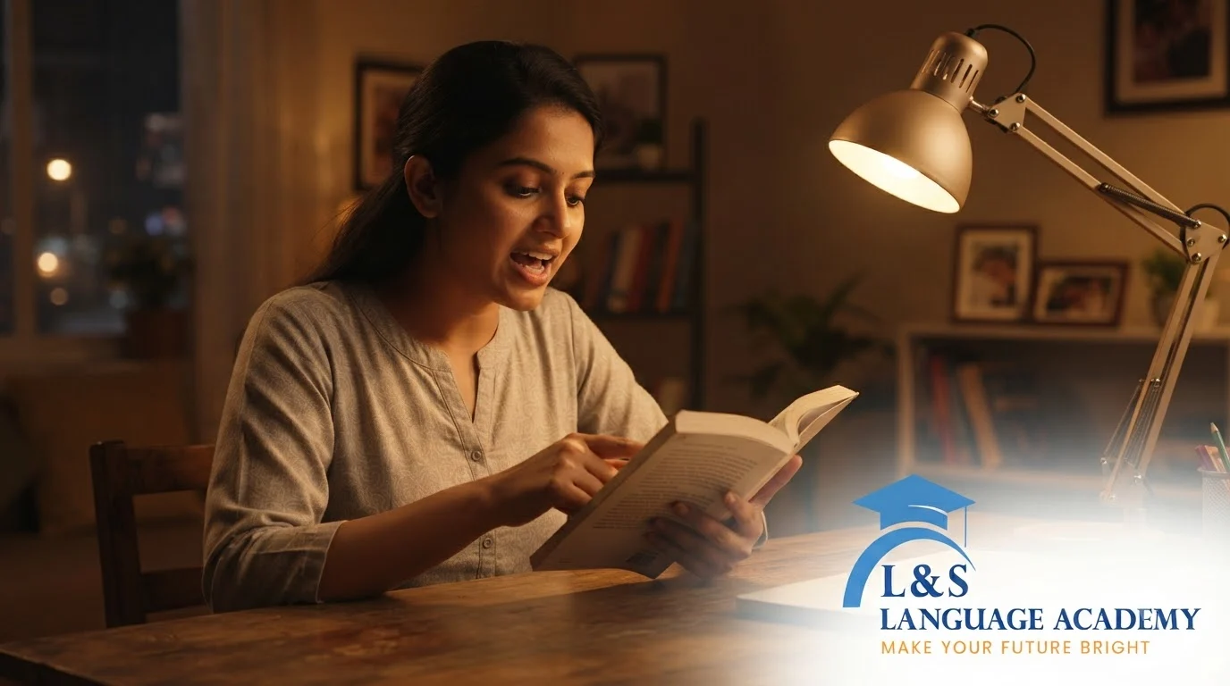 Student reading aloud from an English book to practise pronunciation