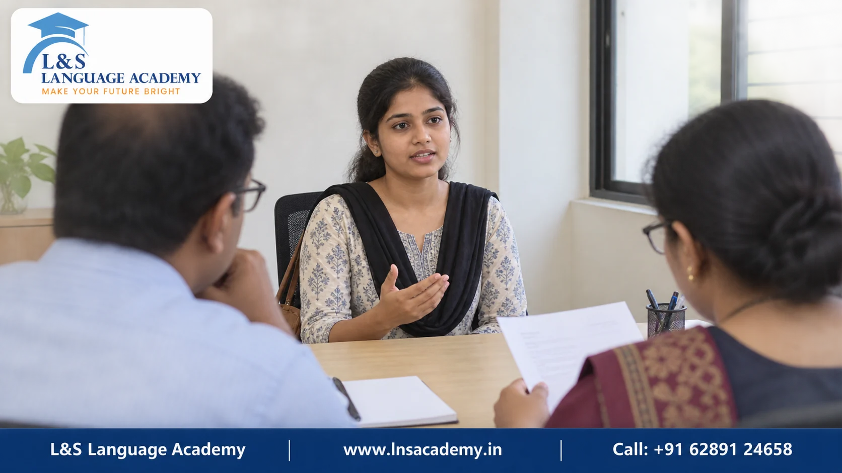 Job candidate in a Kolkata office interview speaking English with the panel