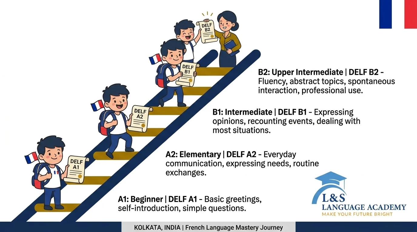 French CEFR levels A1 to C2 with DELF and DALF exam mapping