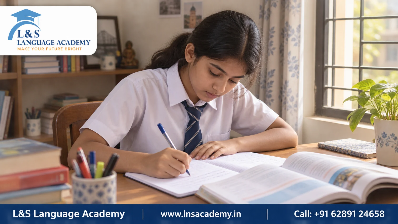 School student studying French with a textbook at a Kolkata language class