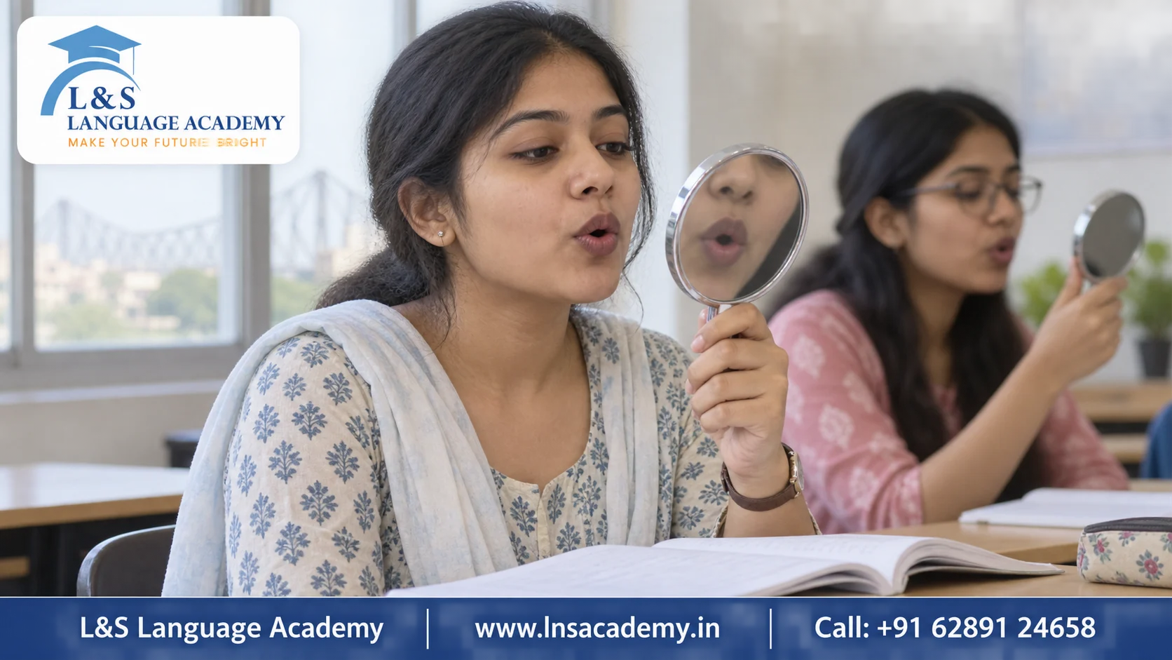 Indian student practising French pronunciation in a Kolkata language class