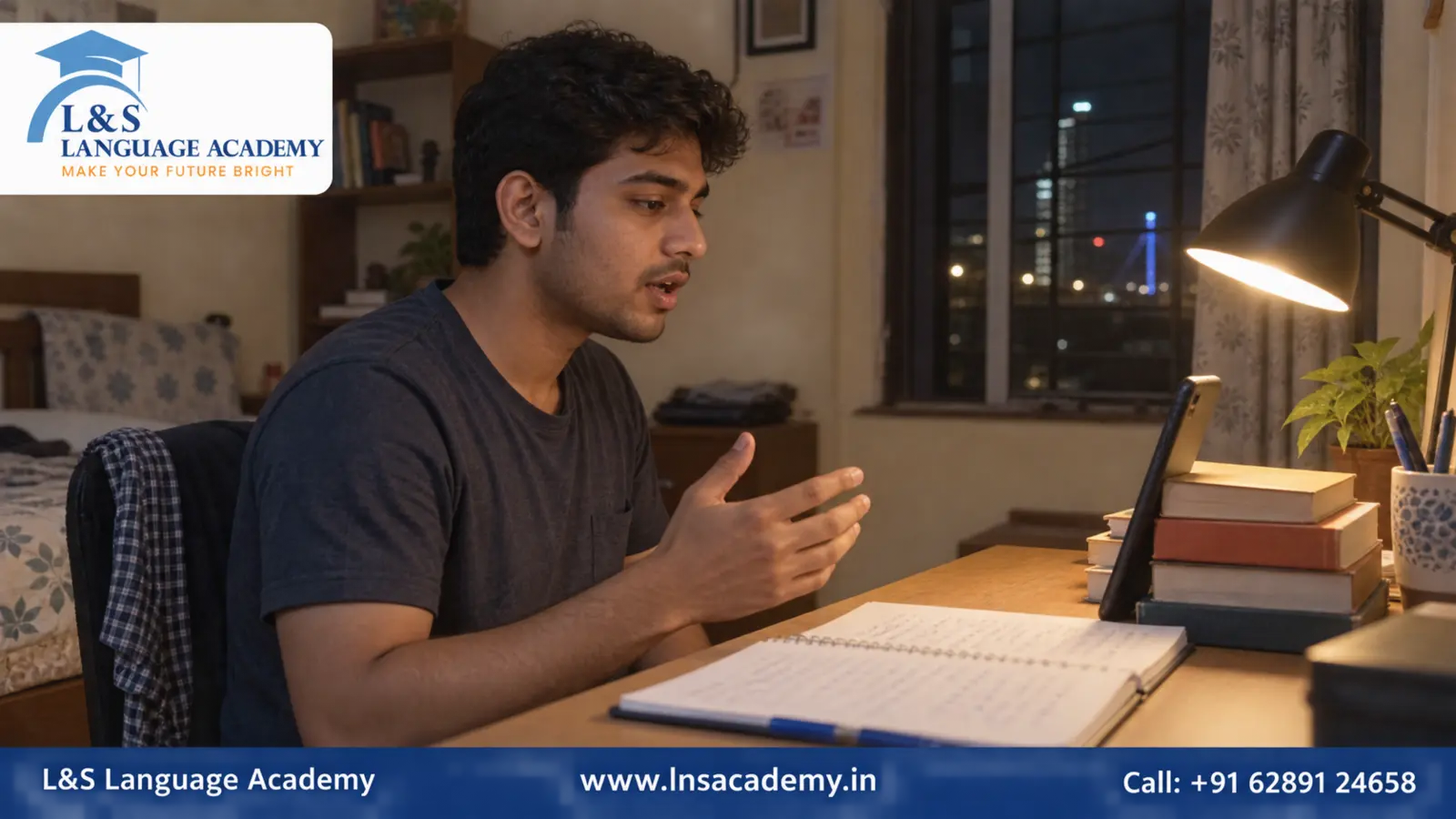 Student practising spoken English alone at home with a notebook and phone