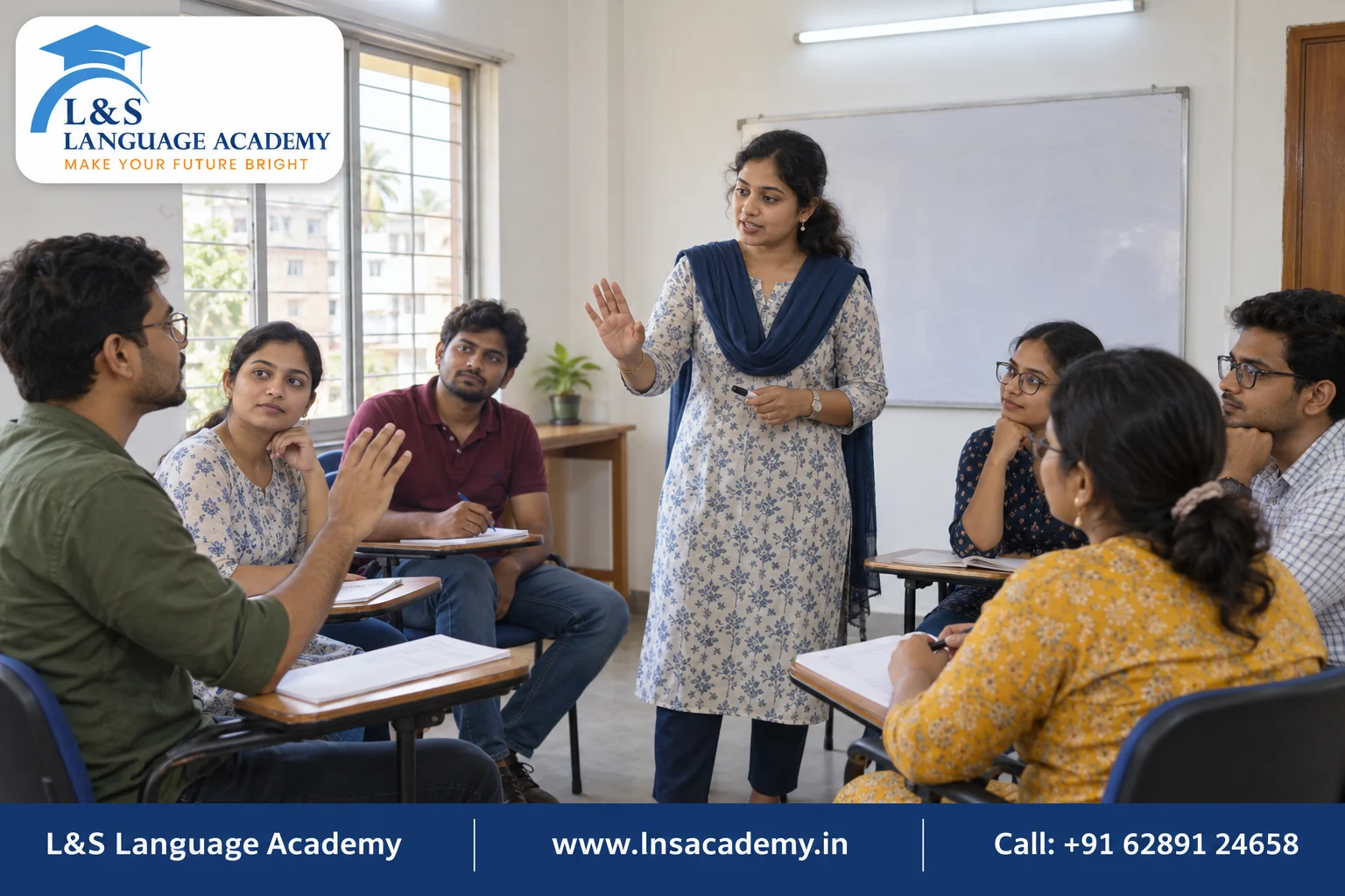 Trainer giving live correction during a small-batch spoken English class in Kolkata
