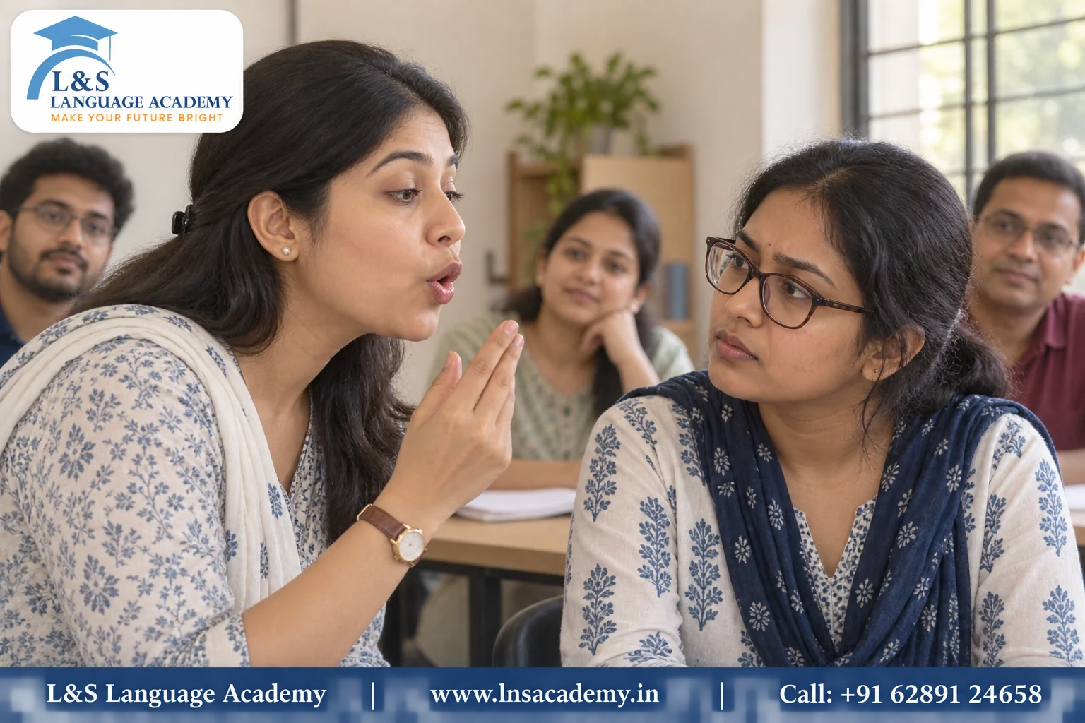 Trainer correcting a student's pronunciation in a small batch spoken English class